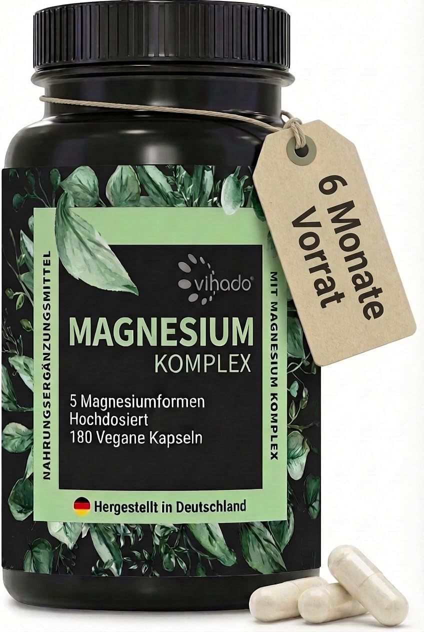 Magnesium Komplex hochdosiert, 5-in-1 Matrix, 668,7 mg Magnesium, 180 Kapseln, Made in DE von Vihado