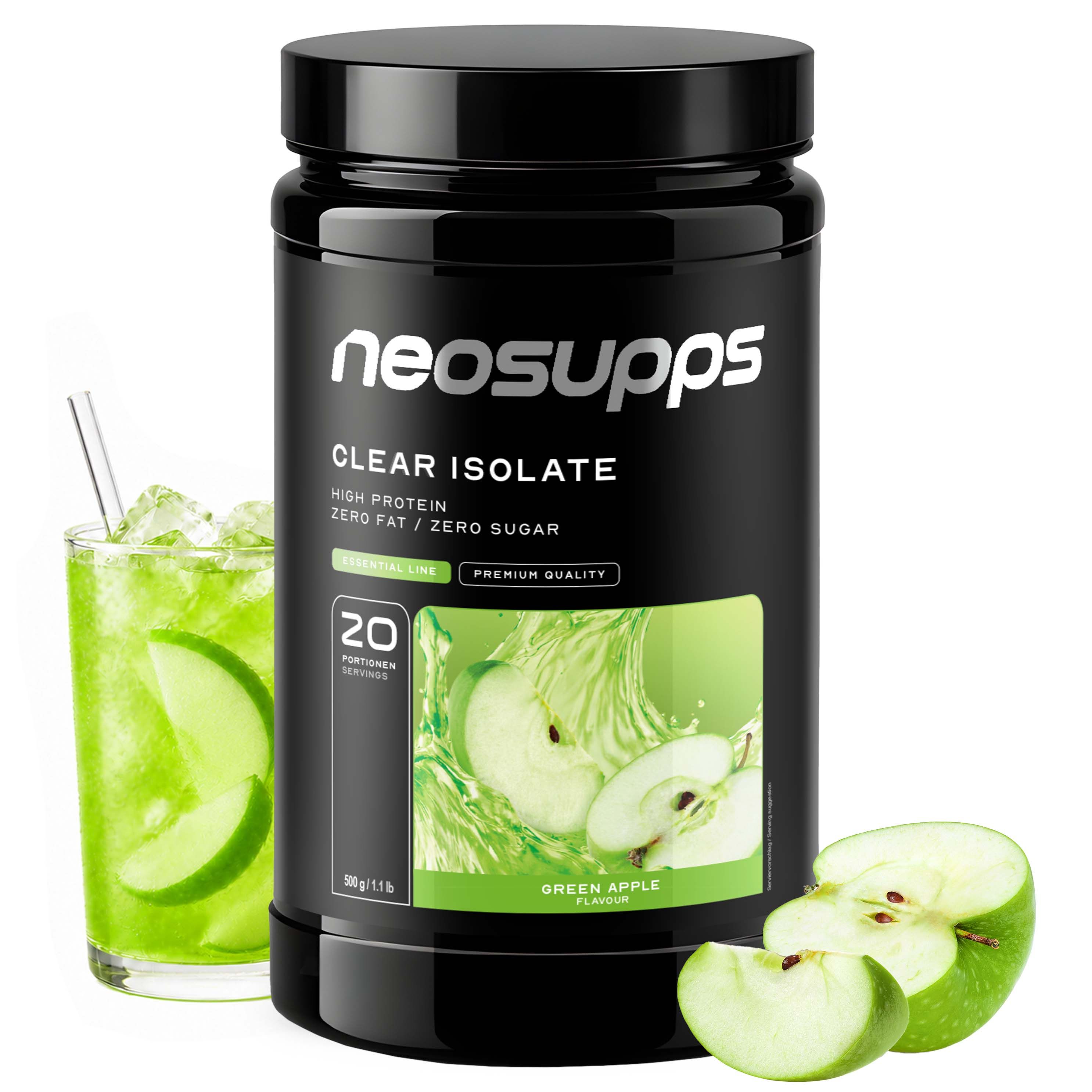 Neosupps Clear Whey Isolat Protein Pulver, 500g, Green Apple Geschmack