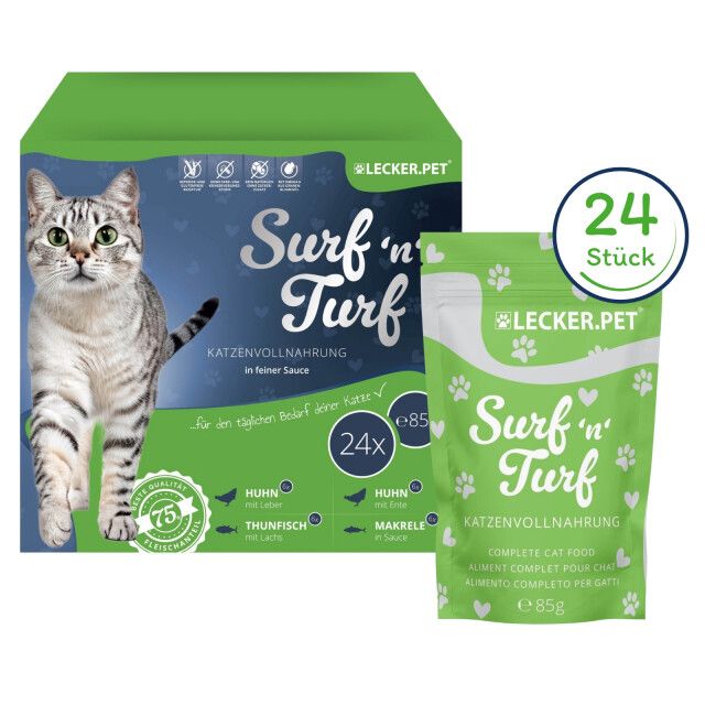 24 x 85 g Lecker.Pet® Surf'n'Turf Pouches Katzenfutter in feiner Sauce Nassfutter - 4 Sorten