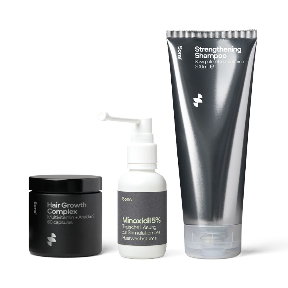 SONS Minoxidil 50mg/ml Lösung für Männer bei erblich bedingtem Haarausfall mit Shampoo & Vitamine