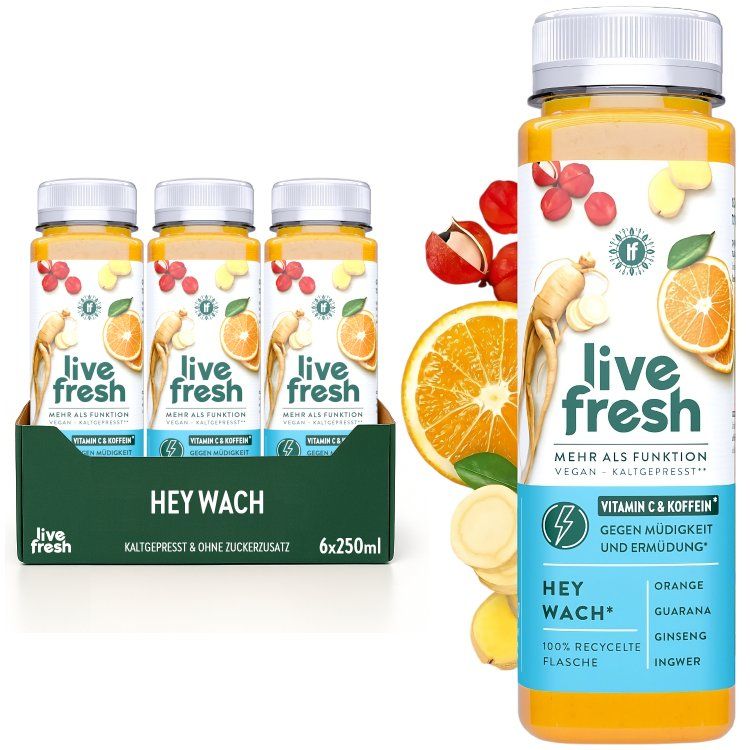 LiveFresh Vitamin C Saft – Hey Wach – Natürlicher Wachmacher mit Vitamin C & Koffein – 1,50€ Pfand