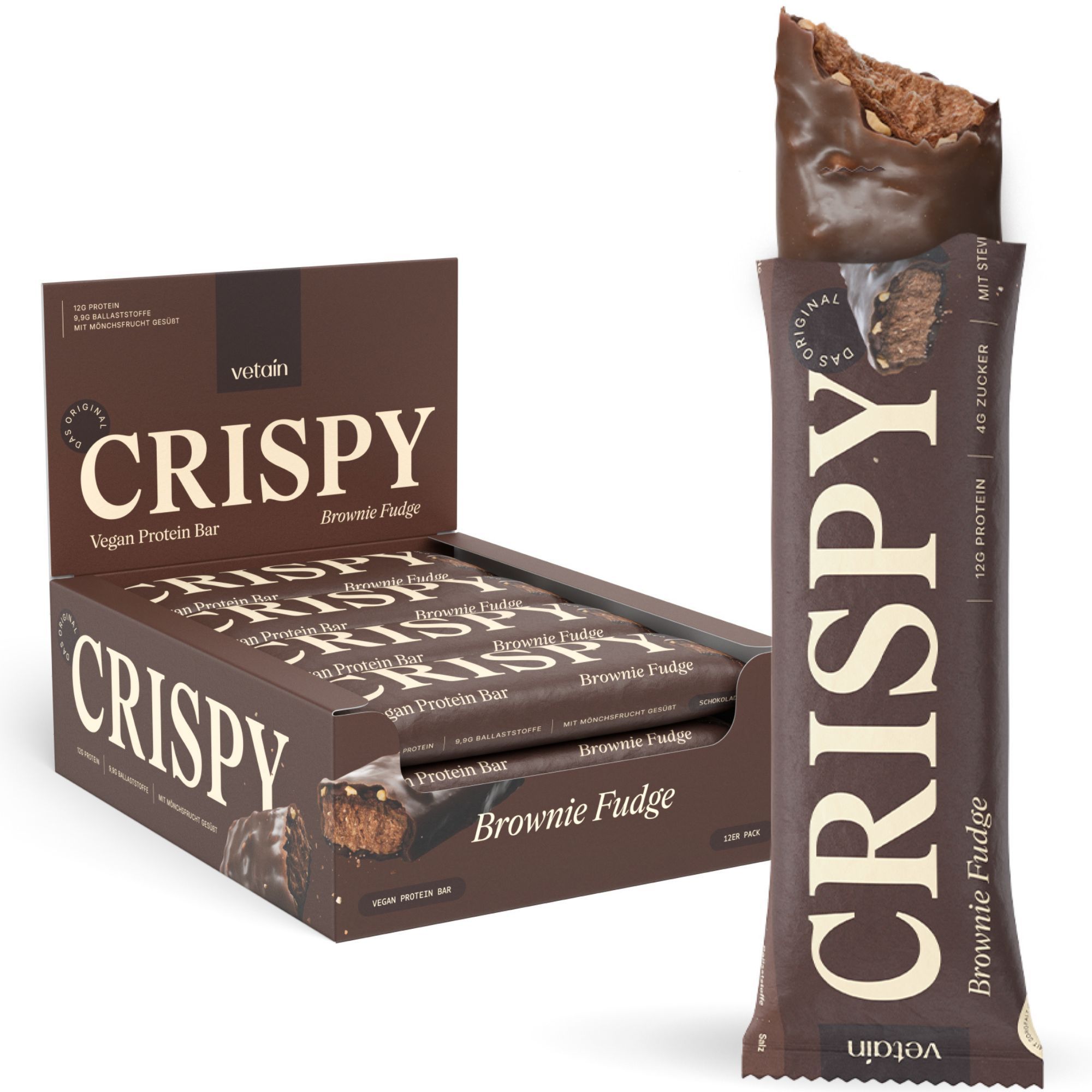 VETAIN Vegan Proteinriegel - Crispy Brownie - 12g Eiweiß pro Riegel - Ohne Zuckerzusatz