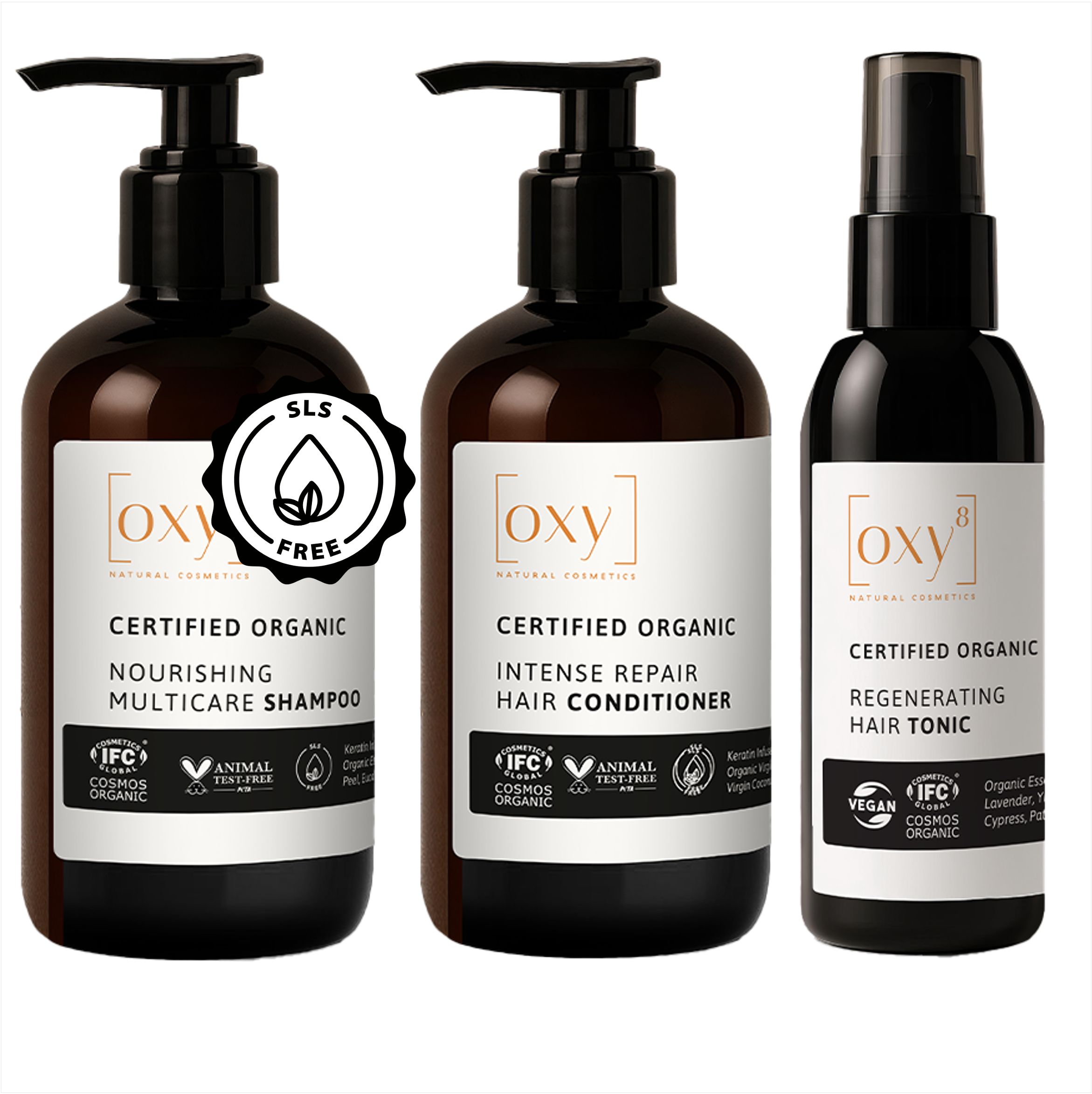 OXY8 Naturkosmetik HAARPFLEGE SET – Shampoo, Conditioner & Tonic gegen Haarausfall & für Glanz