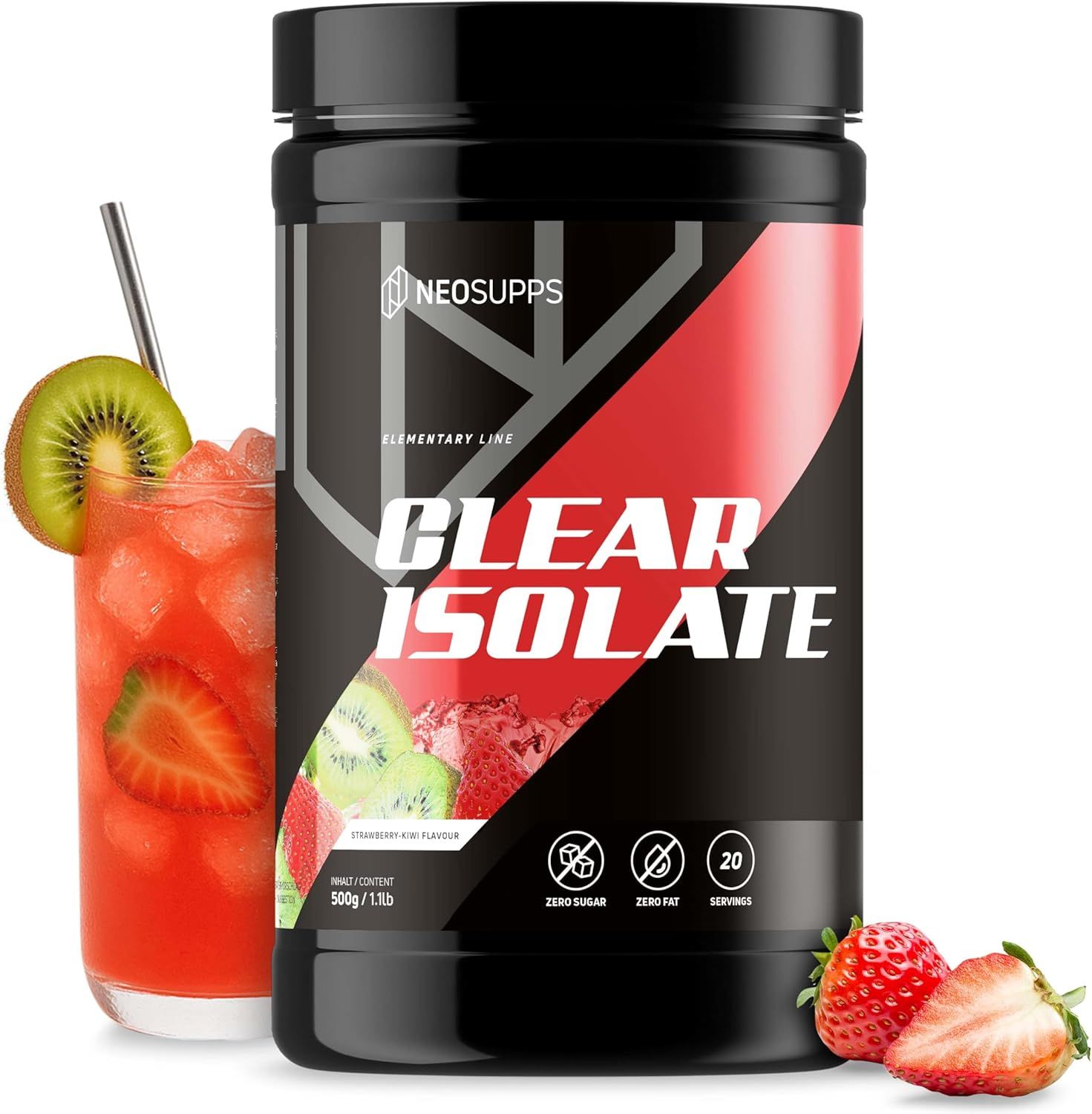 Neosupps Clear Whey Isolat Protein Pulver Strawberry Kiwi, 500g,  zuckerfrei, Abnehmen, Muskelaufbau