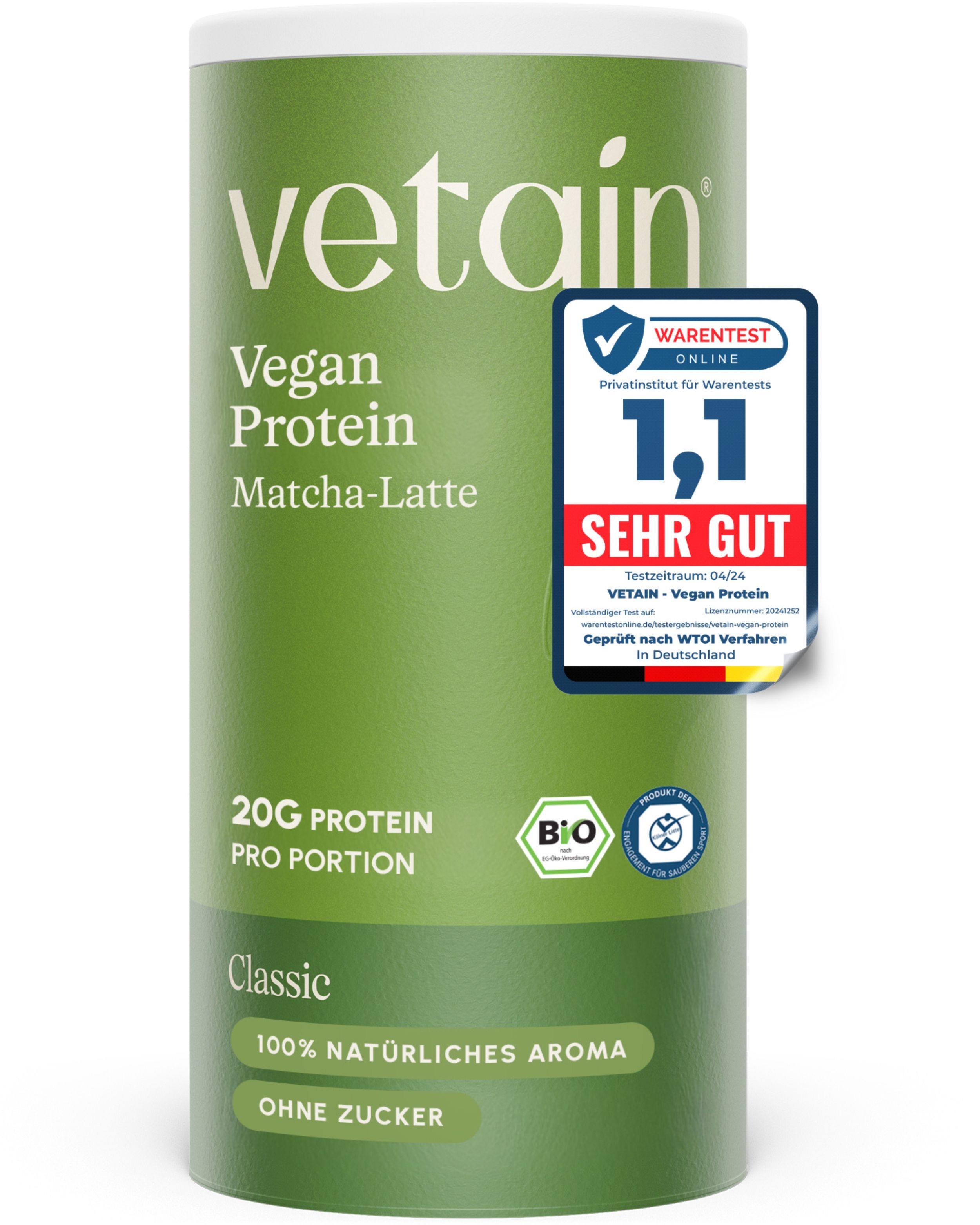 VETAIN Proteinpulver Vegan - Matcha Latte - 20g Eiweiß & 15mg Koffein - Ohne Zuckerzusatz - 100% Bio