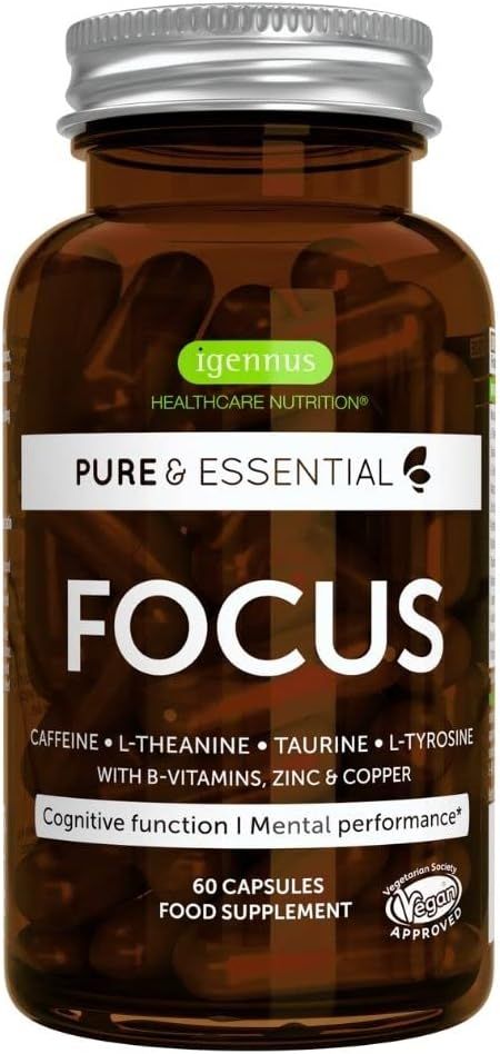 Igennus Fokus Konzentration mit Koffein, L-Theanin, Taurin, L-Tyrosin, Vitamine B, Zink & Kupfer