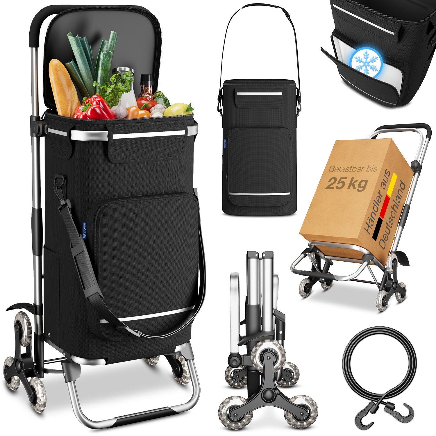 ELONEO Einkaufstrolley Treppensteiger mit Kühltasche, 43 l, 3+3 Rad-System, abnehmbare Tasche