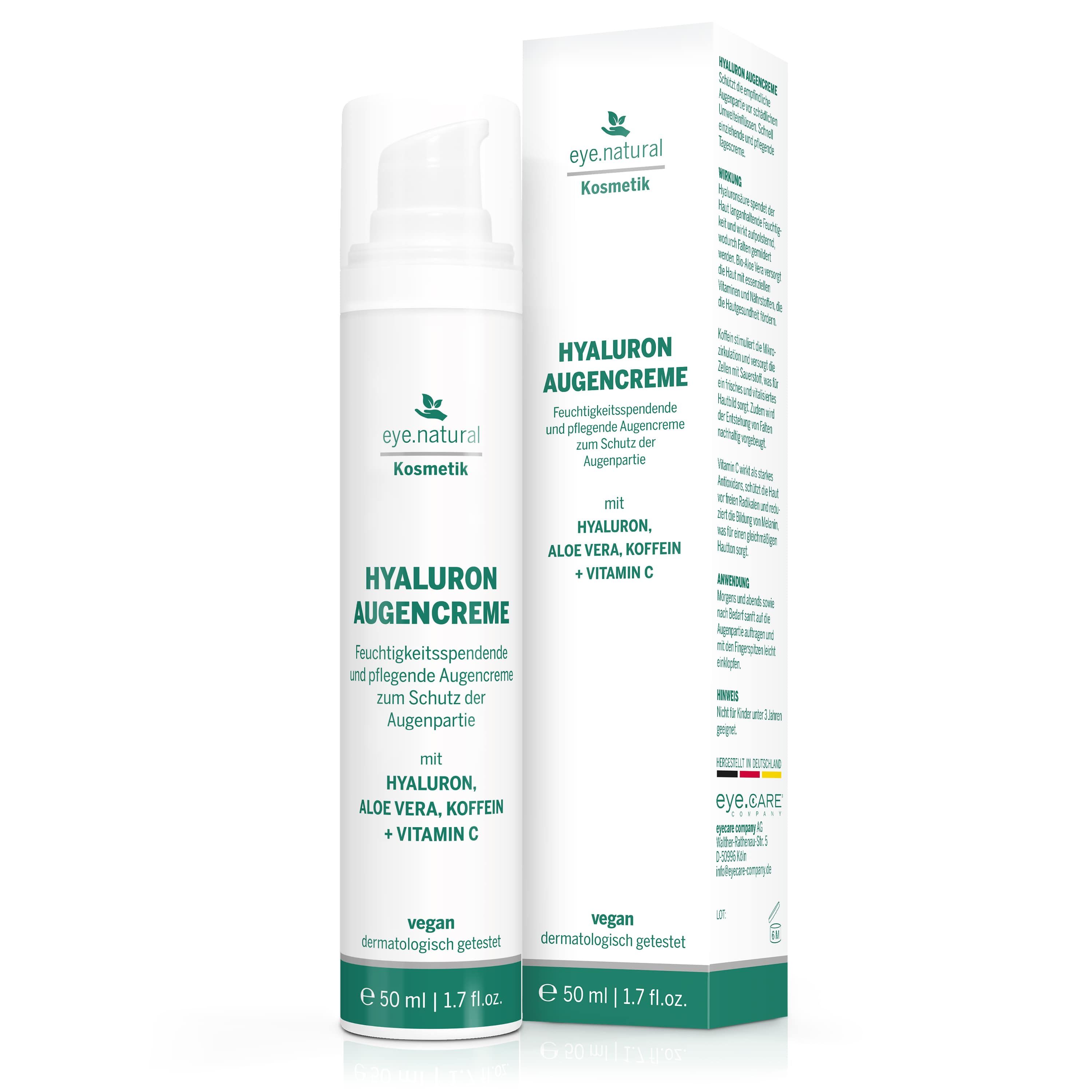 Eye Natural Hyaluron Augencreme 50 ml mit Aloe Vera, Koffein & Vitamin C gegen Falten & Augenringe