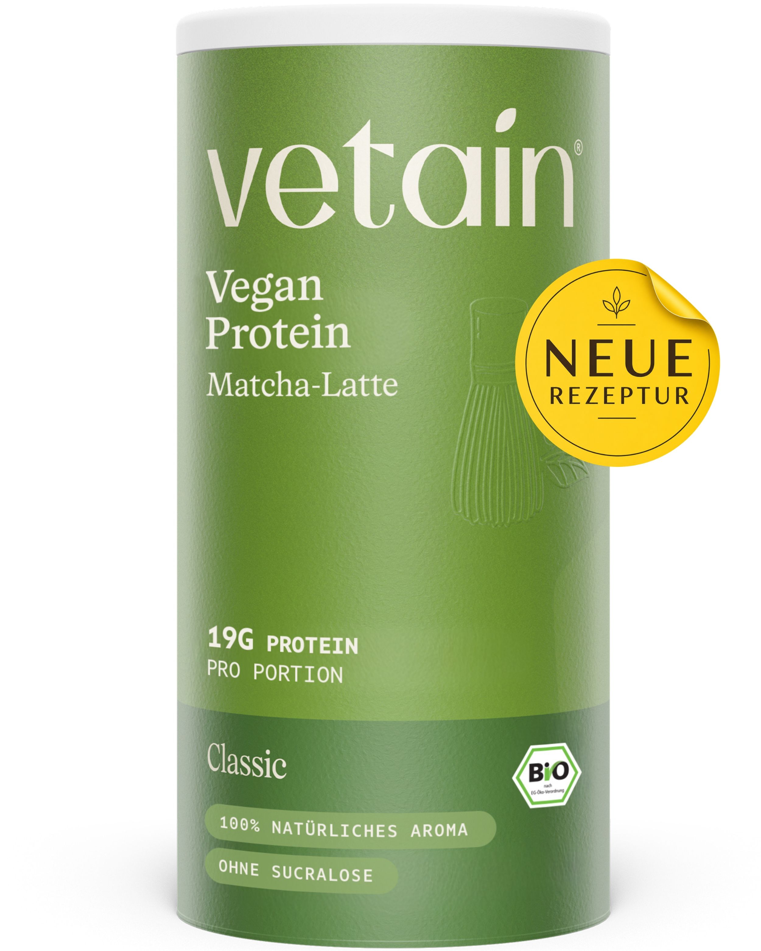 VETAIN Proteinpulver Vegan - Matcha Latte - 19g Eiweiß & 90mg Koffein - Ohne Zuckerzusatz - 100% Bio