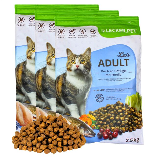 7,5 kg Lecker.Pet® Leo's Adult Geflügel & Forelle Katzenfutter Trockenfutter Vollnahrung