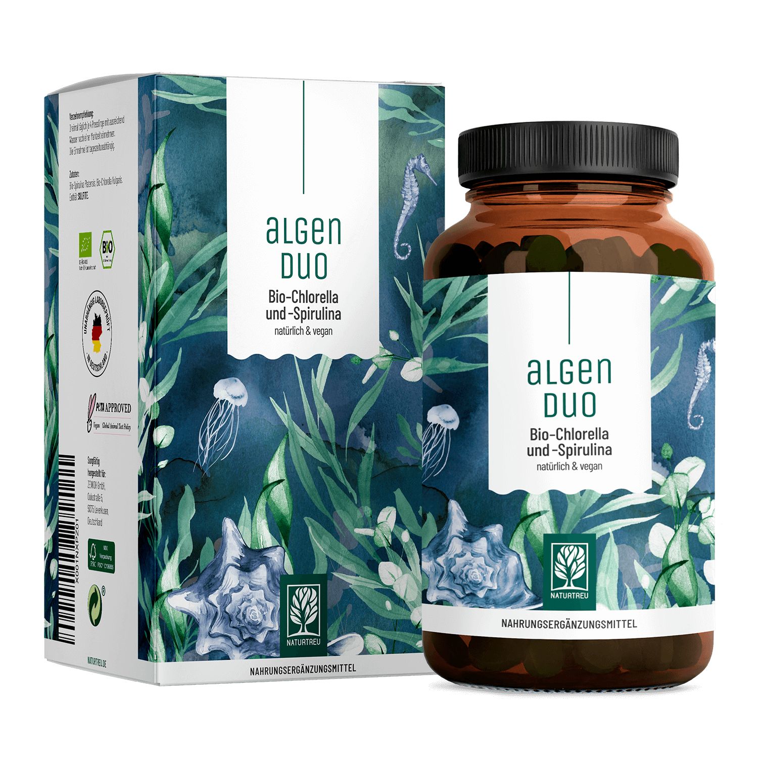 Bio Spirulina Bio Chlorella Komplex laborgeprüft 360 vegane Presslinge Algenduo NATURTREU®