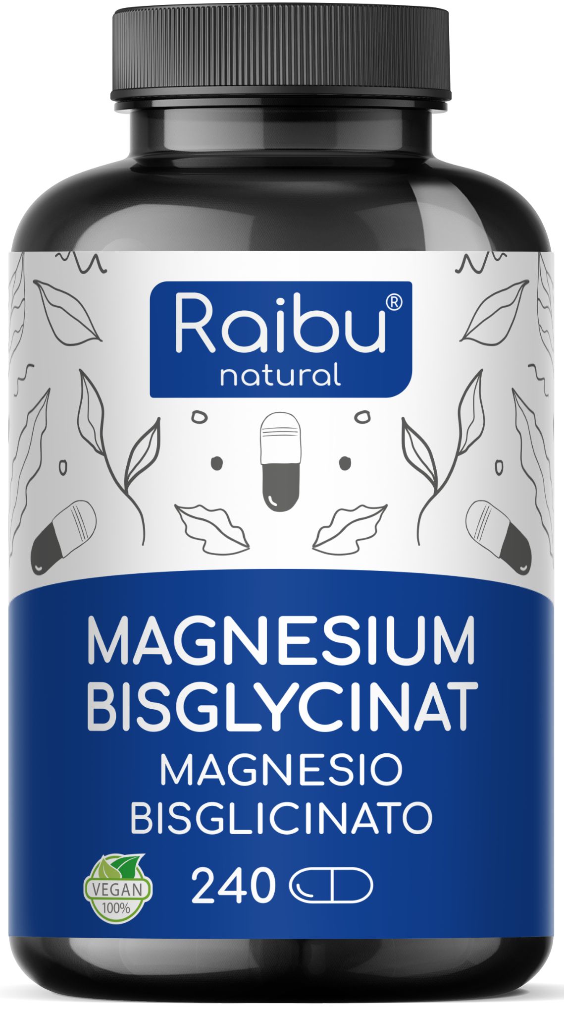 Magnesium Bisglycinat (Magnesium Glycinat) 450 mg pro Tag – hoch bioverfügbar & chelatiert RAIBU
