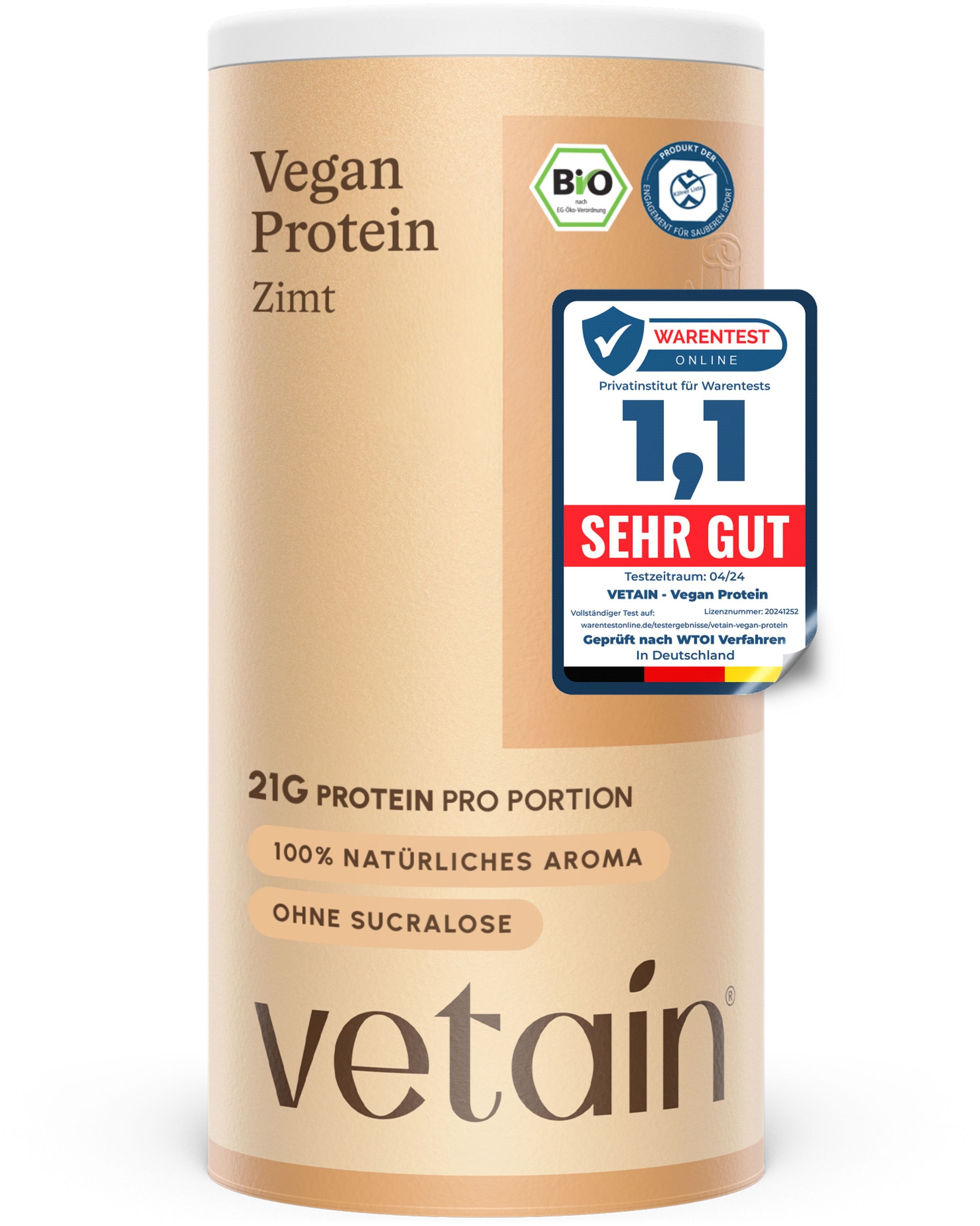 VETAIN Proteinpulver Vegan - Zimt - 21g Eiweiß pro Portion - Ohne Zuckerzusatz - 100% Bio