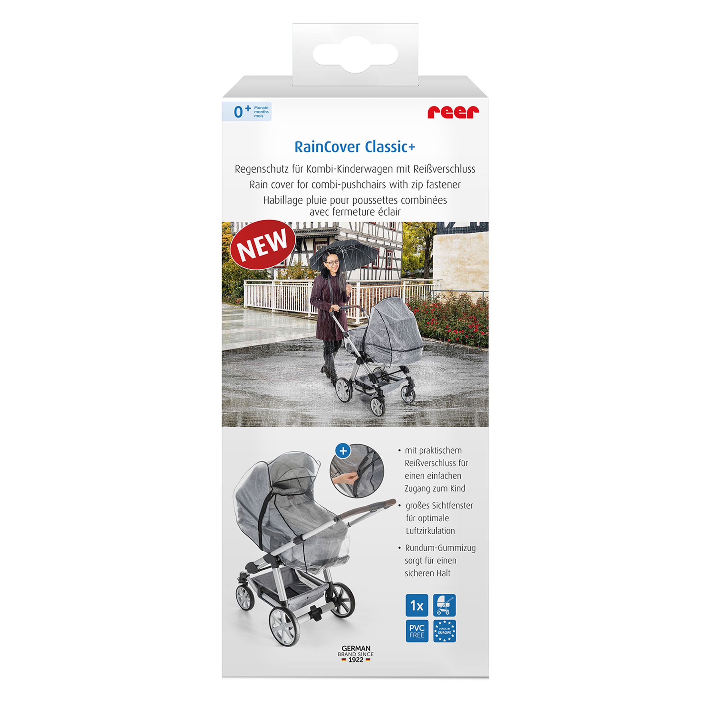 reer RainCover Classic+ Regenschutz für Kombi-Kinderwagen mit Reißverschluss