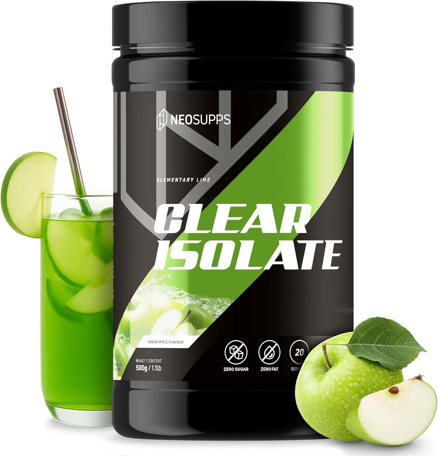 Neosupps Clear Whey Isolat Protein Pulver, 500g, Green Apple Geschmack