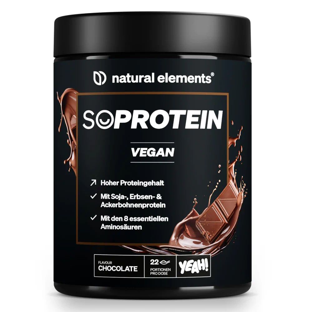 natural elements SoProtein Schoko veganes Proteinpulver – 660g – 22 Portionen - 21g Protein/Portion