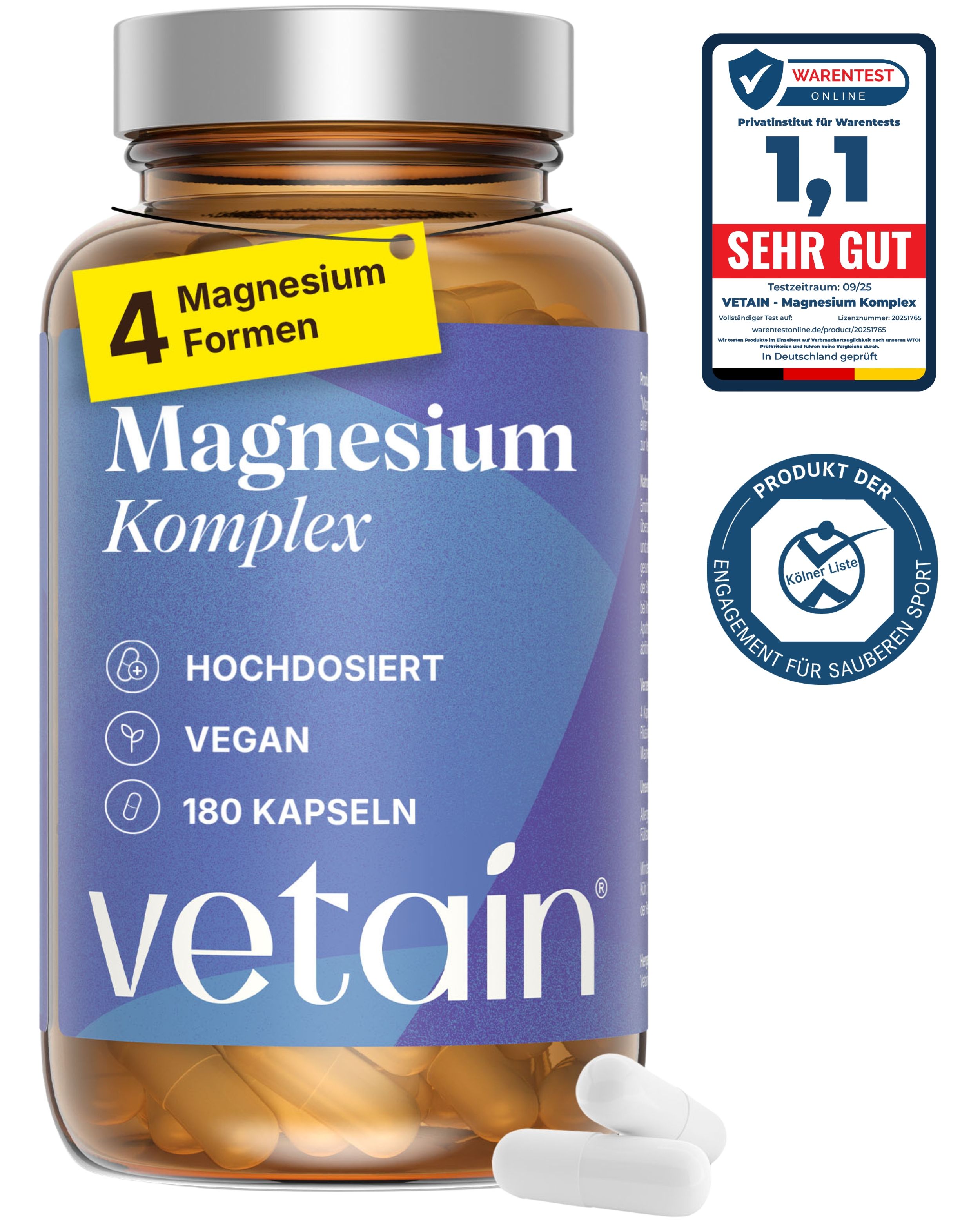 VETAIN Magnesium Komplex TESTSIEGER - Hochdosiert: Magnesium Bisglycinat, Citrat, Malat & Taurat