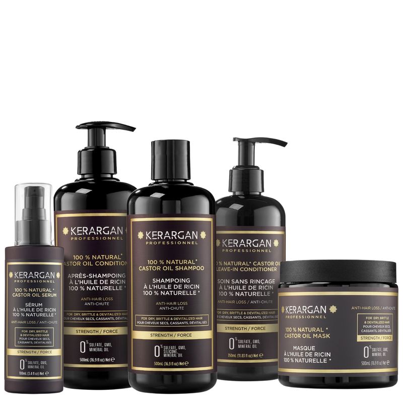 Kerargan - Anti-Haarausfall Set Shampoo, Spülung, Maske, Serum & Leave-In mit Rizinusöl