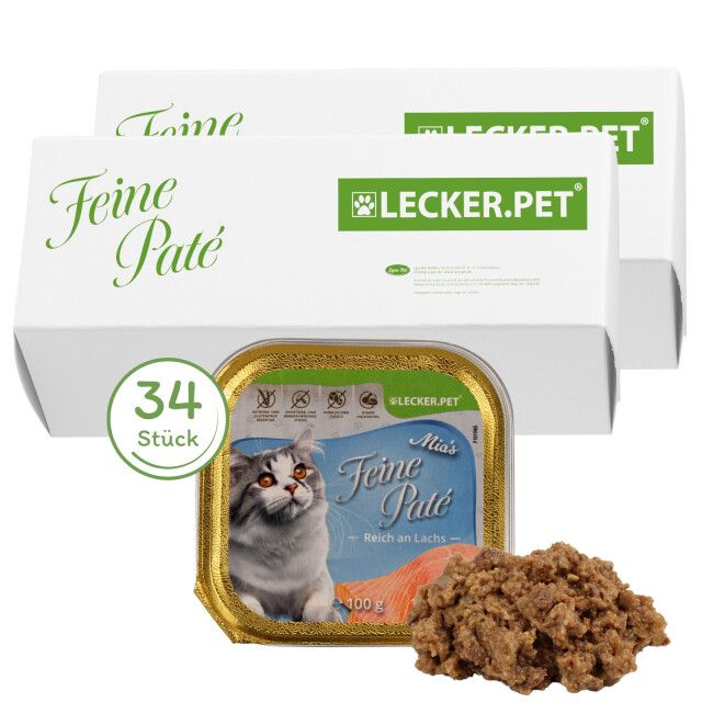 34 x 100 g Lecker.Pet® Mia's Feine Paté Reich an Lachs Katzenfutter Nassfutter Vollnahrung
