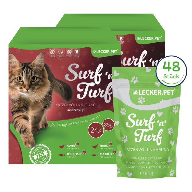 48 x 85 g Lecker.Pet® Surf'n'Turf Pouches Katzenfutter in feiner Jelly Nassfutter - 4 Sorten