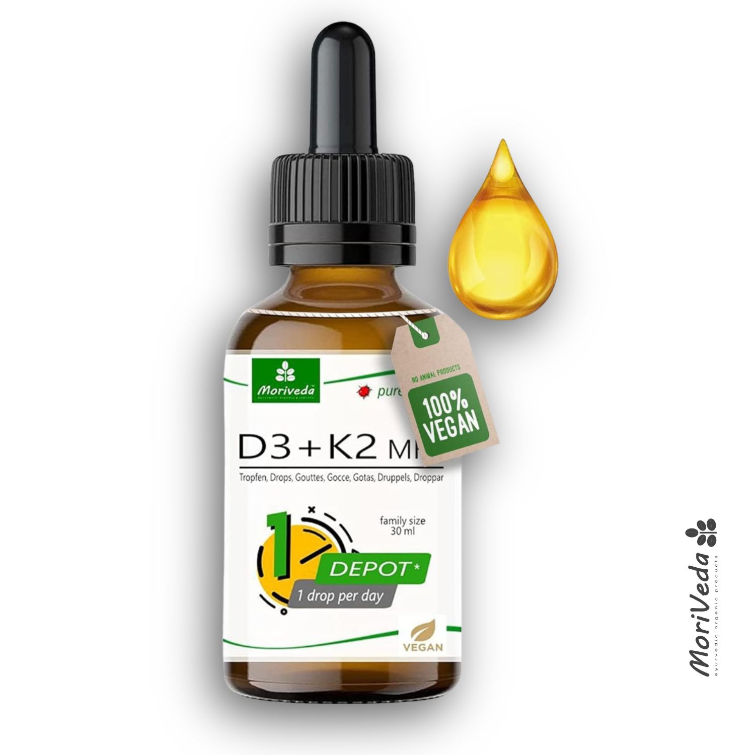 MoriVeda Vitamin D3 + K2 Tropfen mit Vitamin D3 und Vitamin K2 (MK-7)