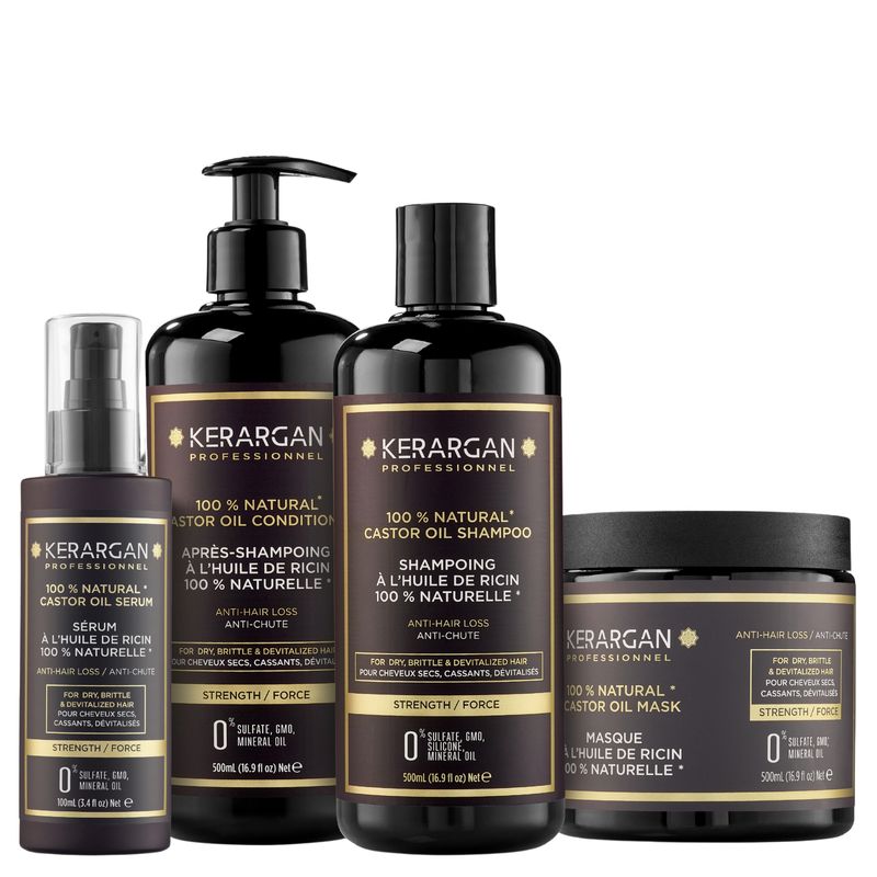 Kerargan - Anti-Haarausfall Set Shampoo, Spülung, Maske & Serum mit Rizinusöl