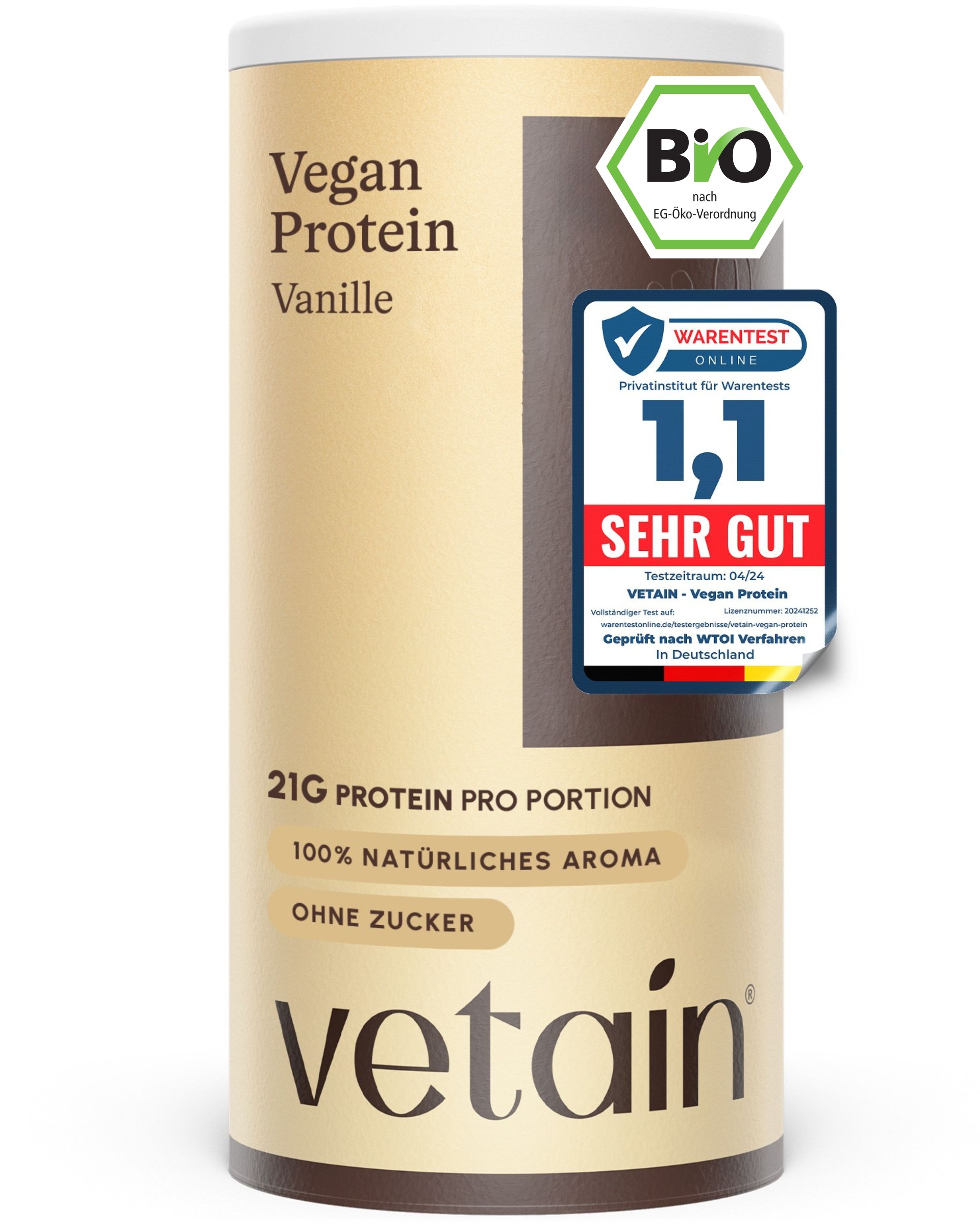VETAIN Proteinpulver Vegan - Vanille - 21g Eiweiß - Ohne Zuckerzusatz - 100% Bio - TESTSIEGER
