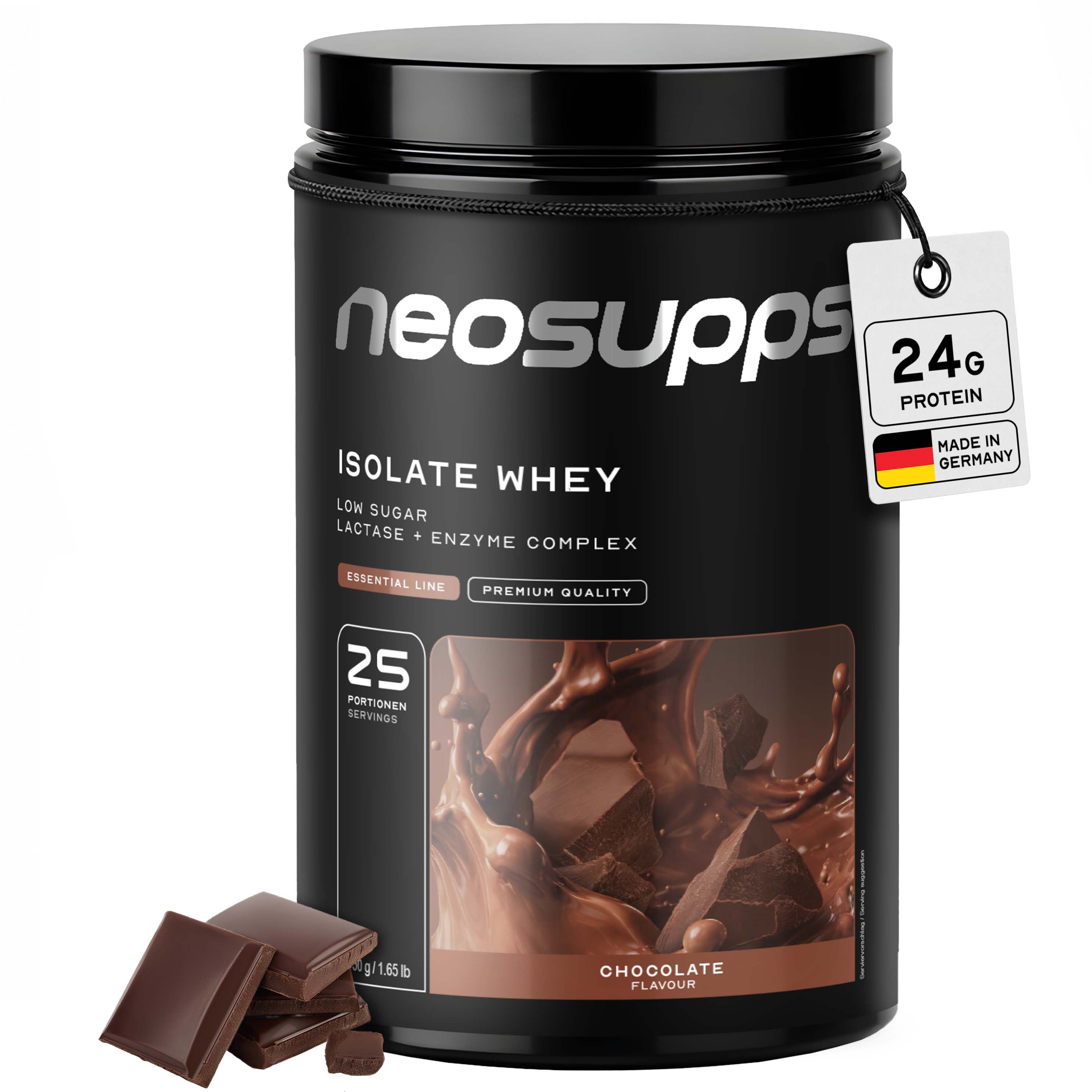 Neosupps Isolate Whey Protein Pulver, Chocolate, 750g, 24 g Protein pro Portion, Eiweißpulver