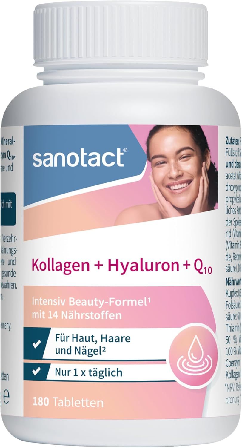 sanotact Kollagen + Hyaluron + Q10 Kapseln, Beauty-Formel mit 14 Nährstoffen für Haut, Haare, Nägel