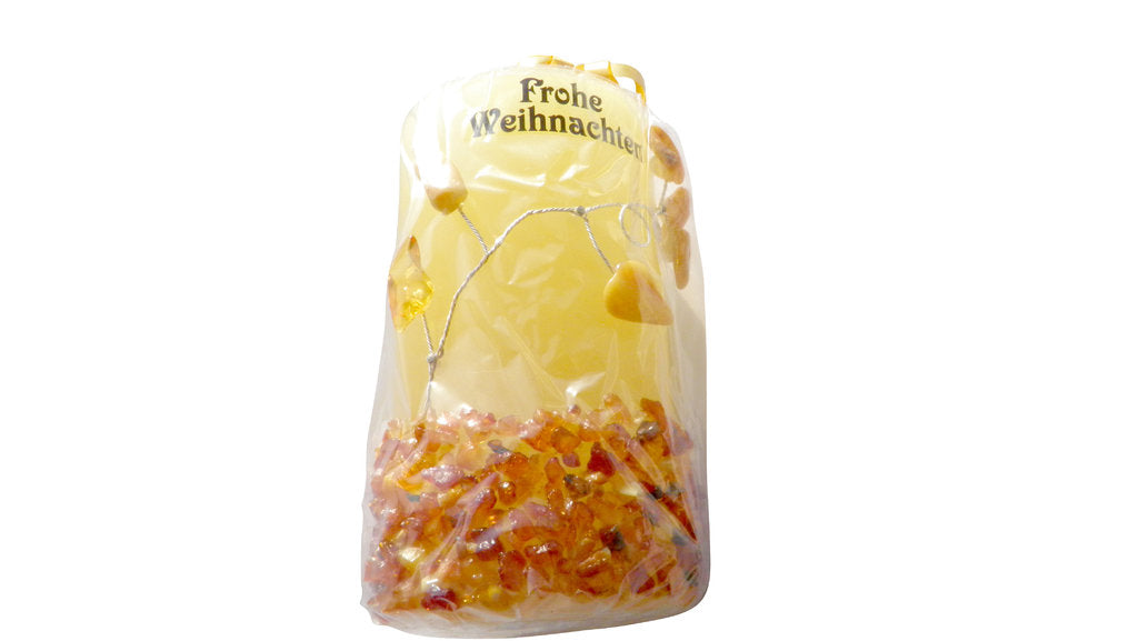 Bernstein Weihnachtskerze – Handgemachte Geschenk-Kerze mit echtem Bernstein & Schriftzug „Frohe Weihnachten“