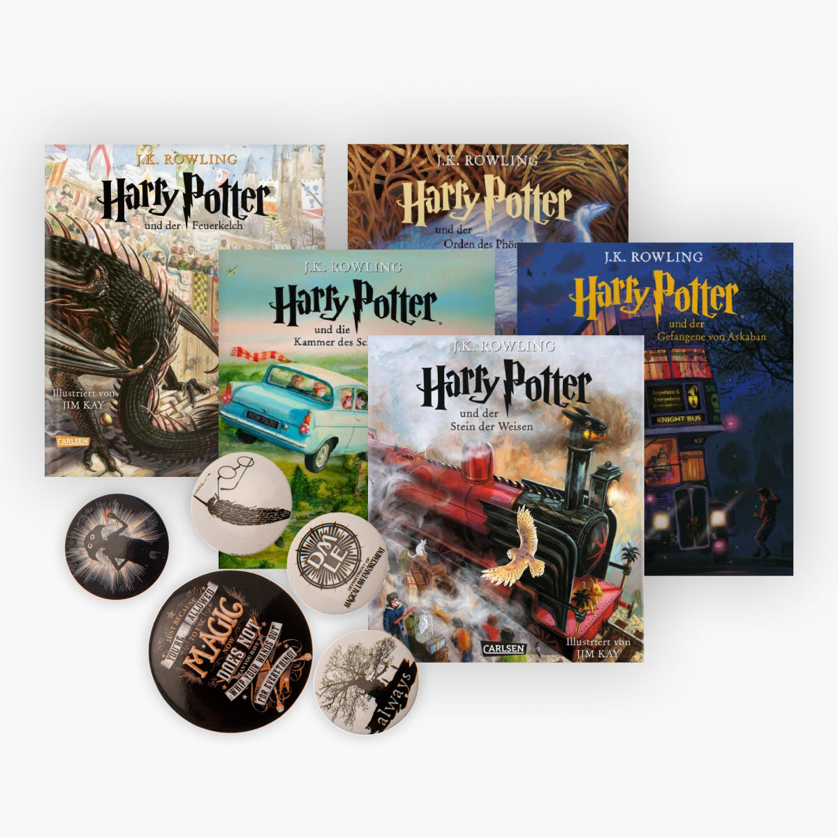 Illustrierte Schmuckausgaben Harry Potter Band 1-5 plus 1 original Harry Potter Button Badge Pack