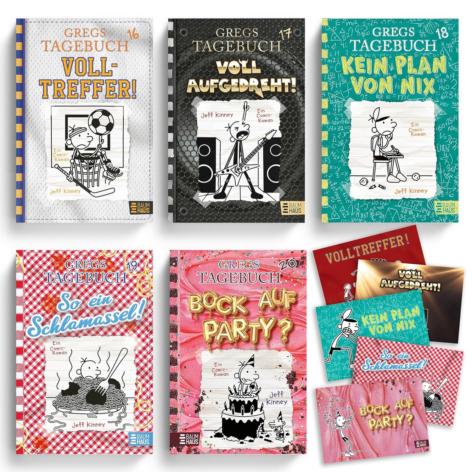 Jeff Kinney Bücherset – Gregs Tagebuch Band 16-20 mit je einer Postkarte – Volltreffer, Voll aufgedreht, Kein Plan von nix, So ein Schlamassel, Bock auf Party – Kinderbuch Comic Humor Bestseller Set