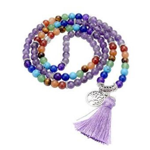 Mala 'Chakra Lebensbaum' 108 Amethyst- und Chakra Edelsteine mit Metall Anhänger