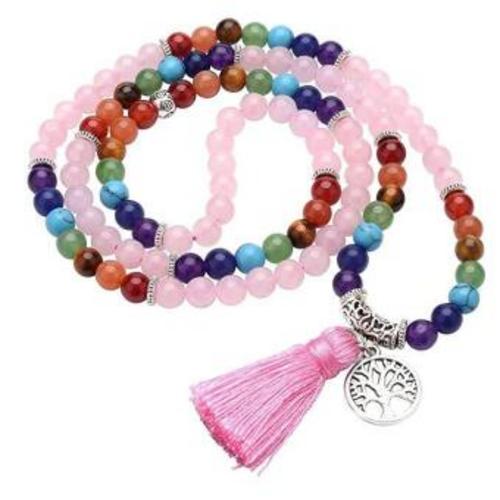 Mala 'Chakra Lebensbaum' 108 Rosenquarz- und Chakra Edelsteine mit Metall Anhänger