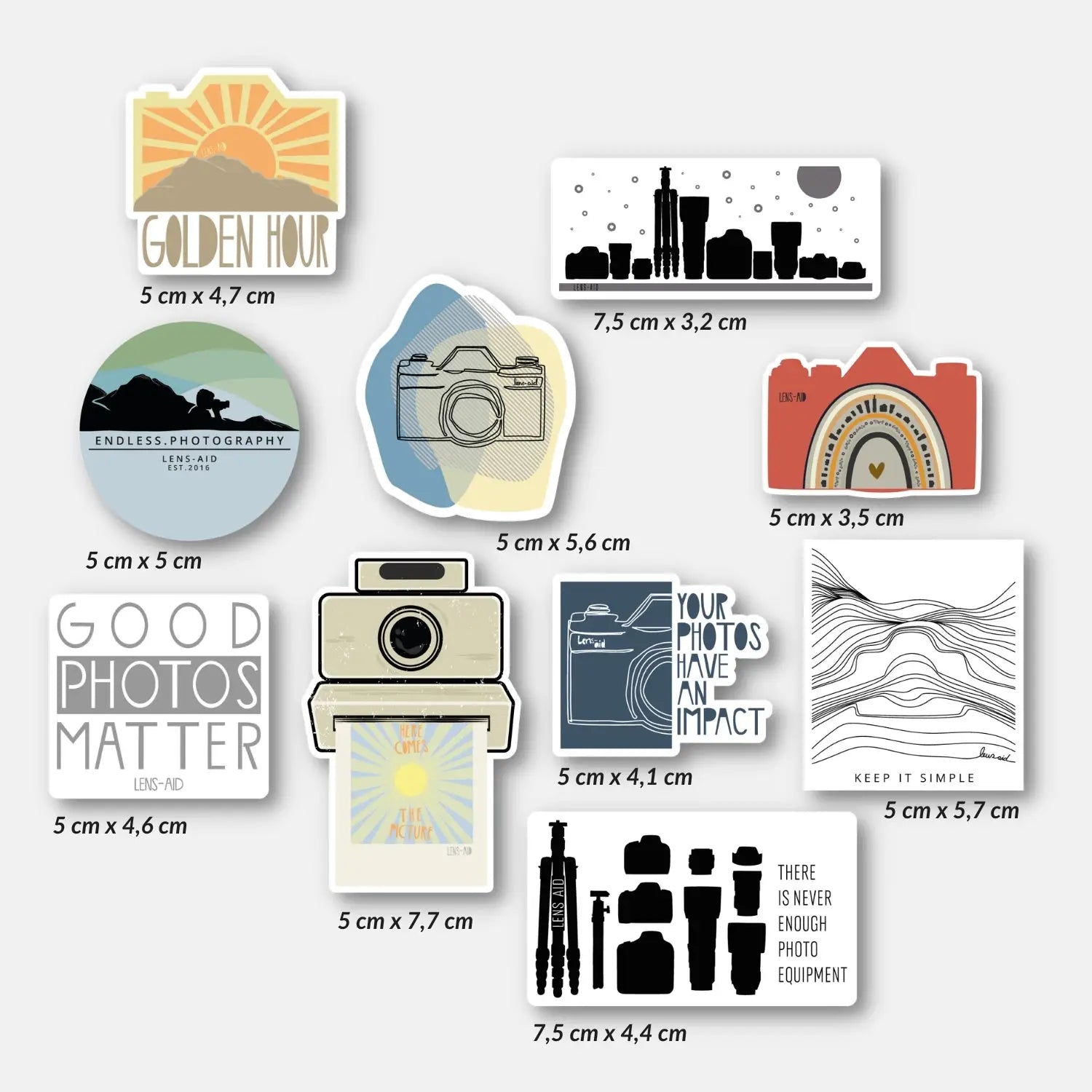 Foto Sticker Set mit 10 kreativen Fotografie-Motiven