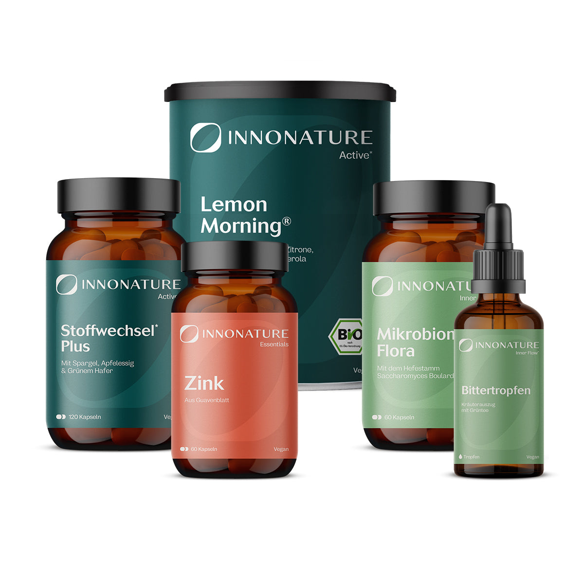Stoffwechsel-Paket mit Lemon Morning®, Stoffwechsel Plus Kapseln, Mikrobiom Flora Kapseln, Zink und Bittertropfen | 100% vegane Inhaltsstoffe