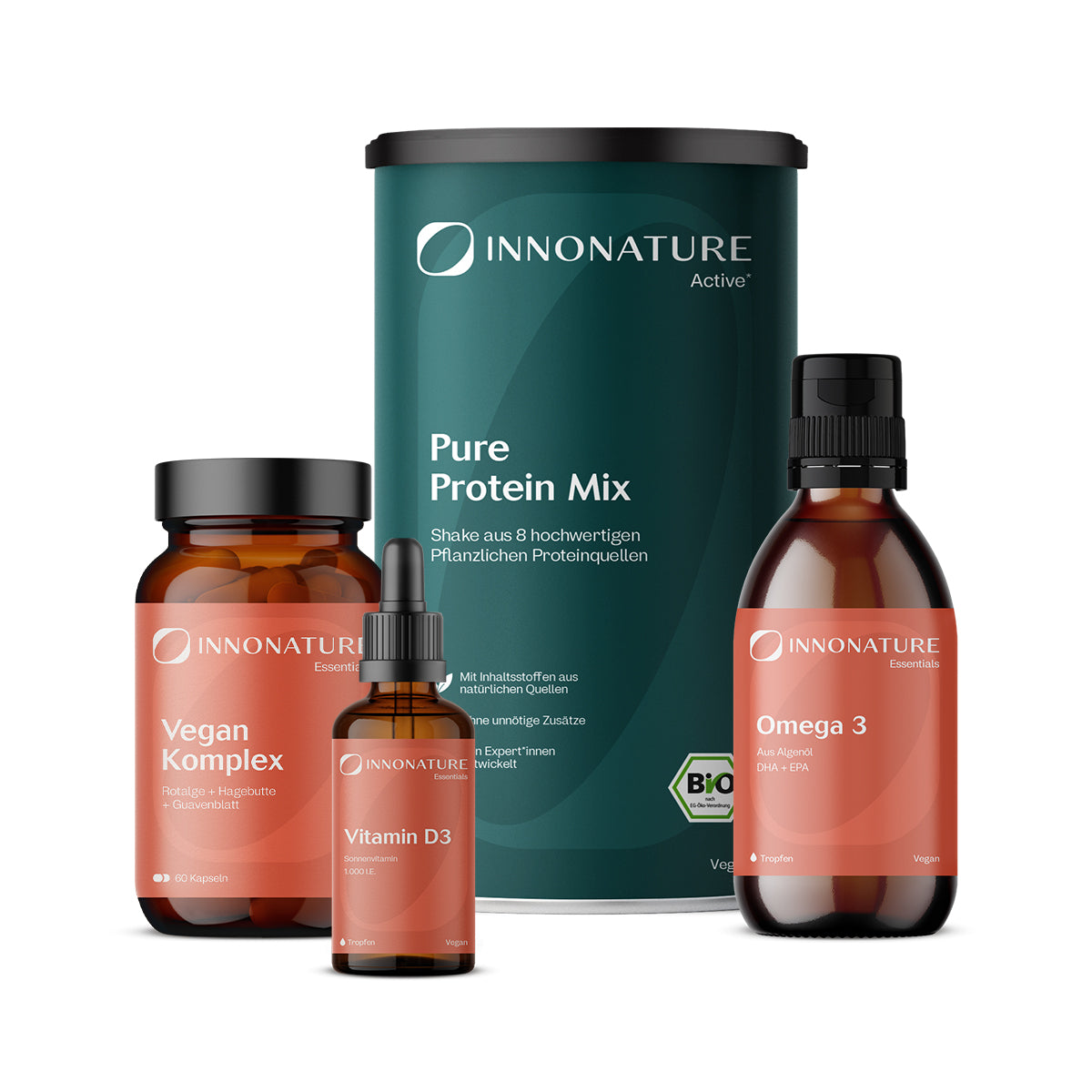 Vegan-Sorglos-Paket mit Vegan Komplex Kapseln, Omega 3 Algenöl, Vitamin D3 Tropfen und Pure Protein Mix | 100% vegan