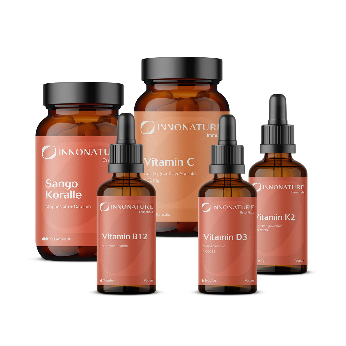Immunsystem und Anti-Müdigkeits-Vitamin-Paket | Sango Koralle, Vitamin C Kapseln und Vitamin K2, D3, B12 Tropfen | 100% vegane Inhaltsstoffe