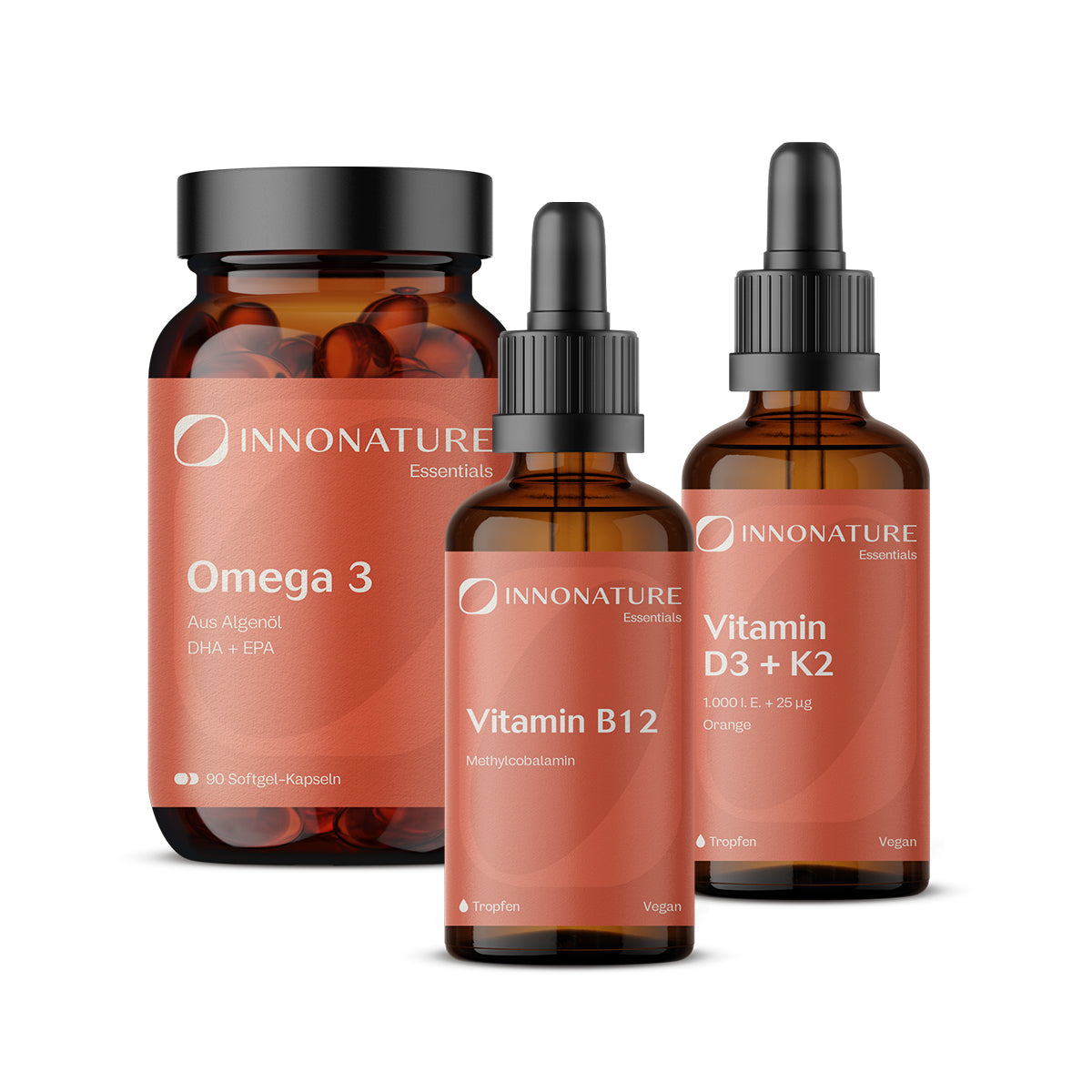 Vegan-Starter-Paket (Orange) mit Omega 3 Kapseln aus Algenöl, Vitamin B12 und Vitamin D3+K2 Orange Tropfen | 100% vegan