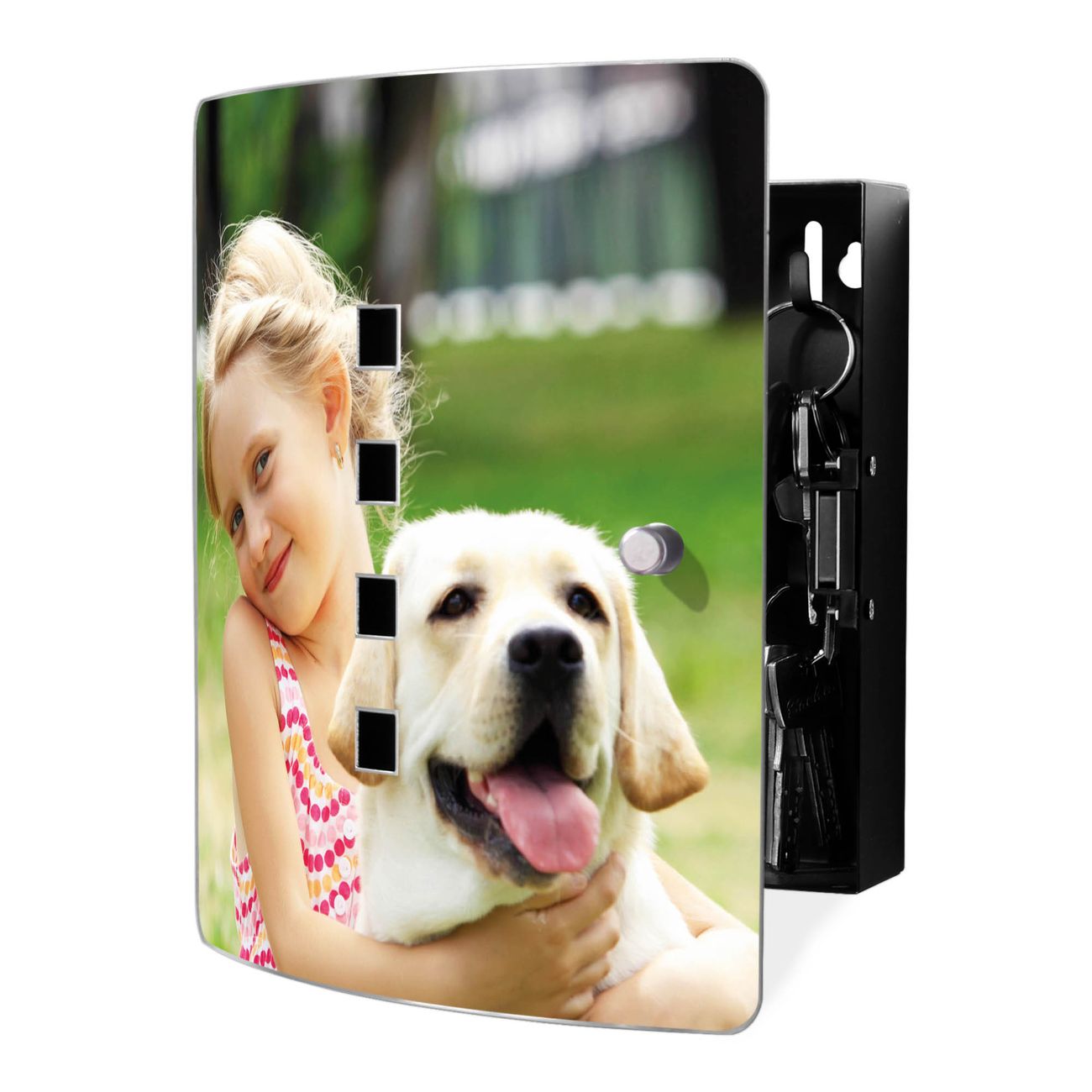 banjado Design Schlüsselkasten mit Edelstahl Tür und Motiv Eigenes Bild Schlüsselschrank zur Schlüsselaufbewahrung groß mit Magnetverschluss Zierlöcher