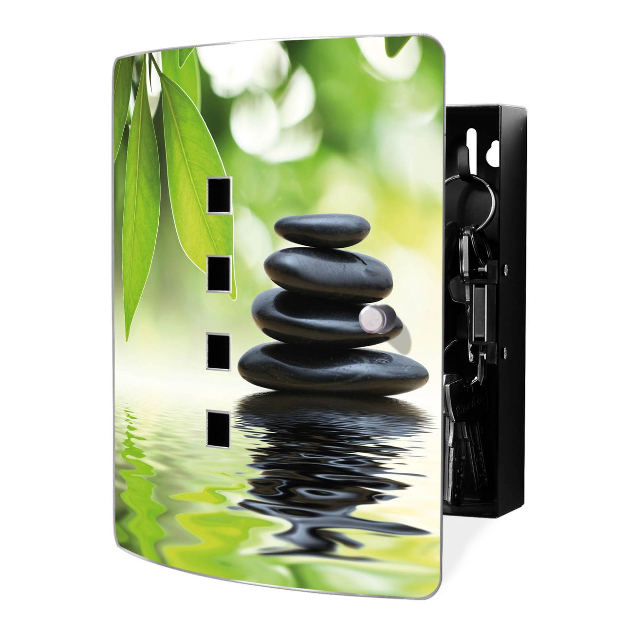 banjado Design Schlüsselkasten mit Edelstahl Tür und Motiv Steine&Relax Schlüsselschrank zur Schlüsselaufbewahrung groß mit Magnetverschluss Zierlöcher