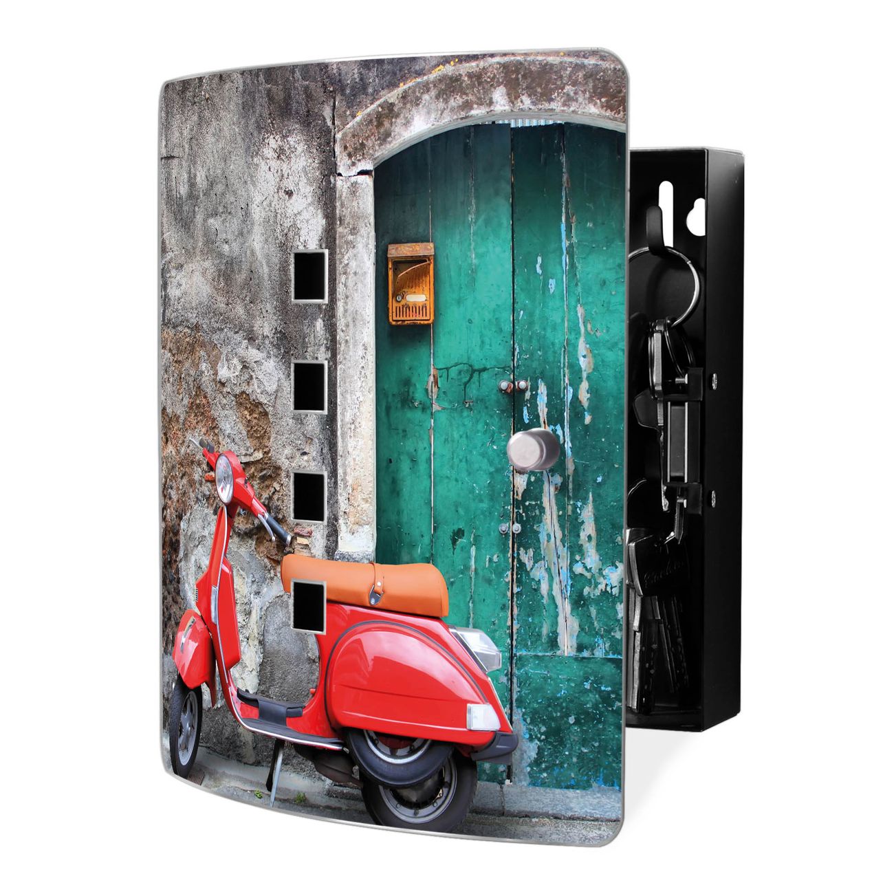 banjado Design Schlüsselkasten mit Edelstahl Tür und Motiv Italien Schlüsselschrank zur Schlüsselaufbewahrung groß mit Magnetverschluss Zierlöcher