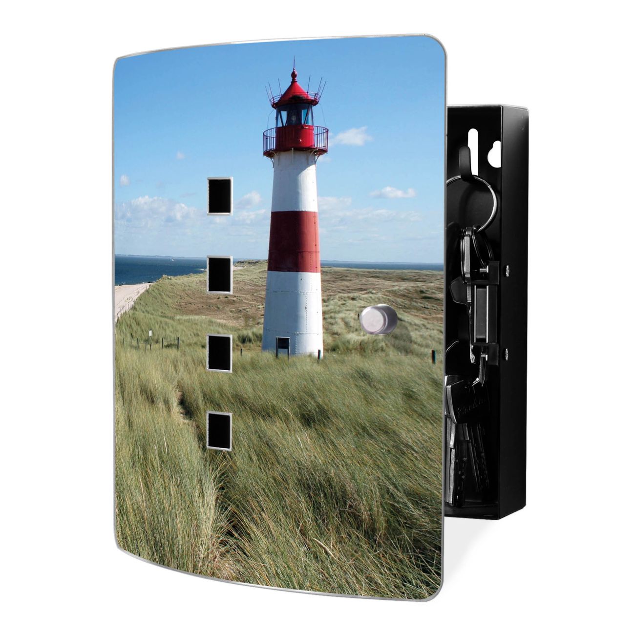 banjado Design Schlüsselkasten mit Edelstahl Tür und Motiv Leuchtturm Schlüsselschrank zur Schlüsselaufbewahrung groß mit Magnetverschluss Zierlöcher