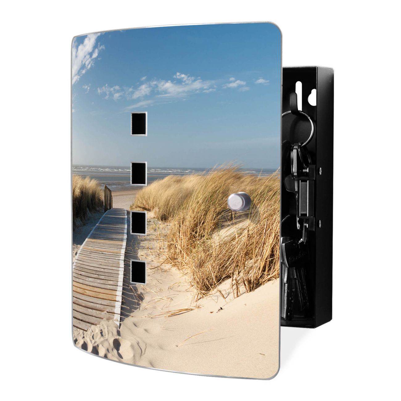 banjado Design Schlüsselkasten mit Edelstahl Tür und Motiv Dünen Schlüsselschrank zur Schlüsselaufbewahrung groß mit Magnetverschluss Zierlöcher