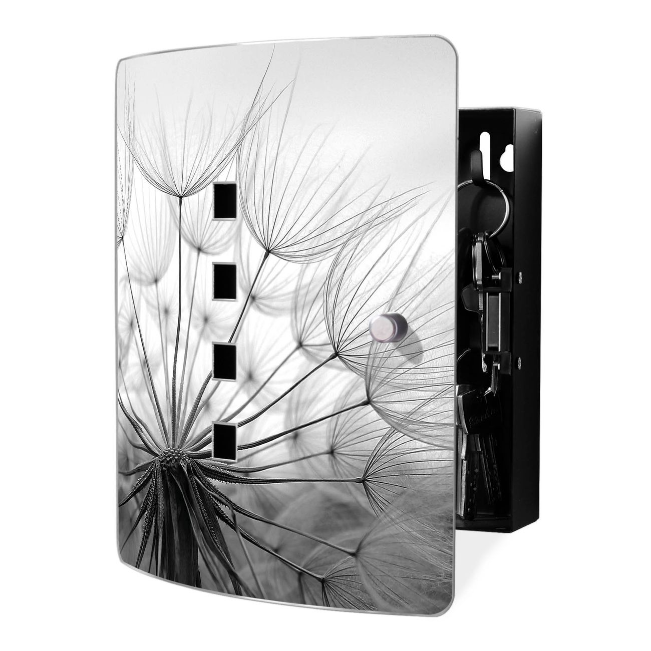banjado Design Schlüsselkasten mit Edelstahl Tür und Motiv Pusteblume Schlüsselschrank zur Schlüsselaufbewahrung groß mit Magnetverschluss Zierlöcher