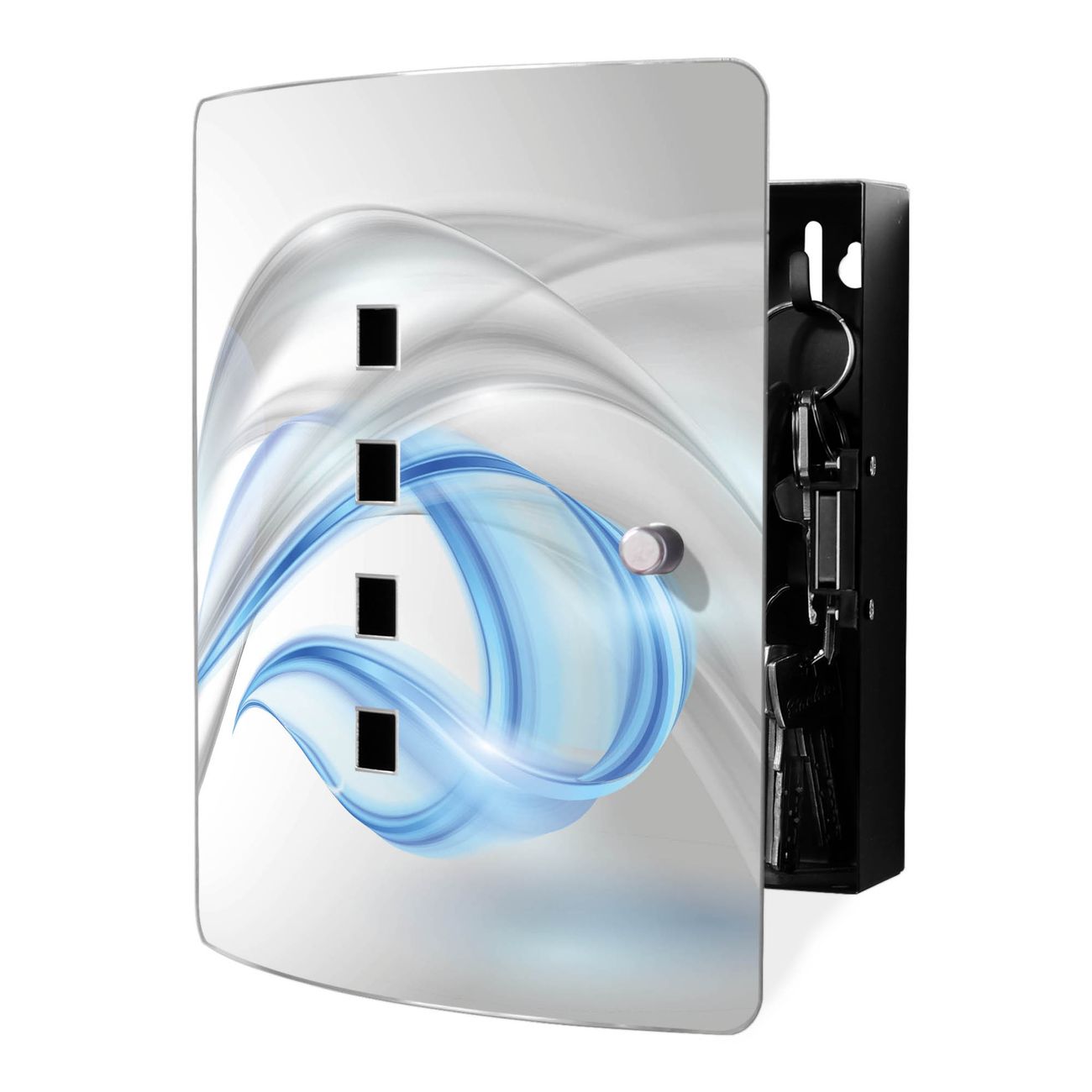 banjado Design Schlüsselkasten mit Edelstahl Tür und Motiv Blaue Welle Schlüsselschrank zur Schlüsselaufbewahrung groß mit Magnetverschluss Zierlöcher