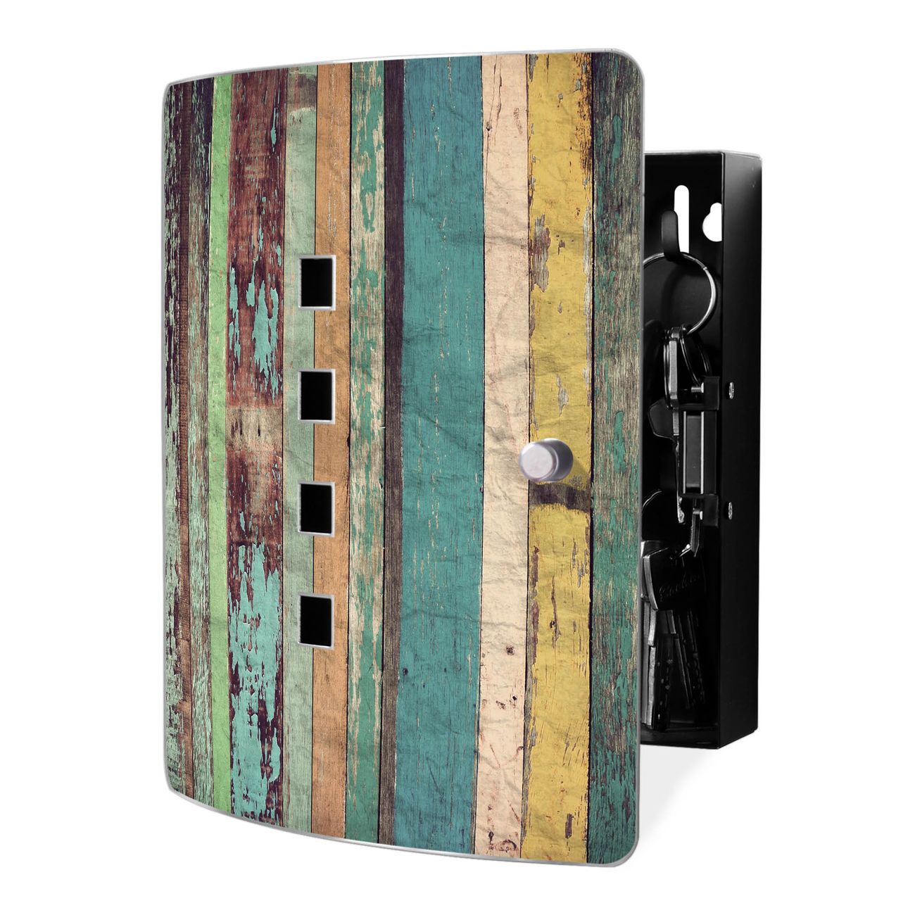 banjado Design Schlüsselkasten mit Edelstahl Tür und Motiv Holz bunt Schlüsselschrank zur Schlüsselaufbewahrung groß mit Magnetverschluss Zierlöcher