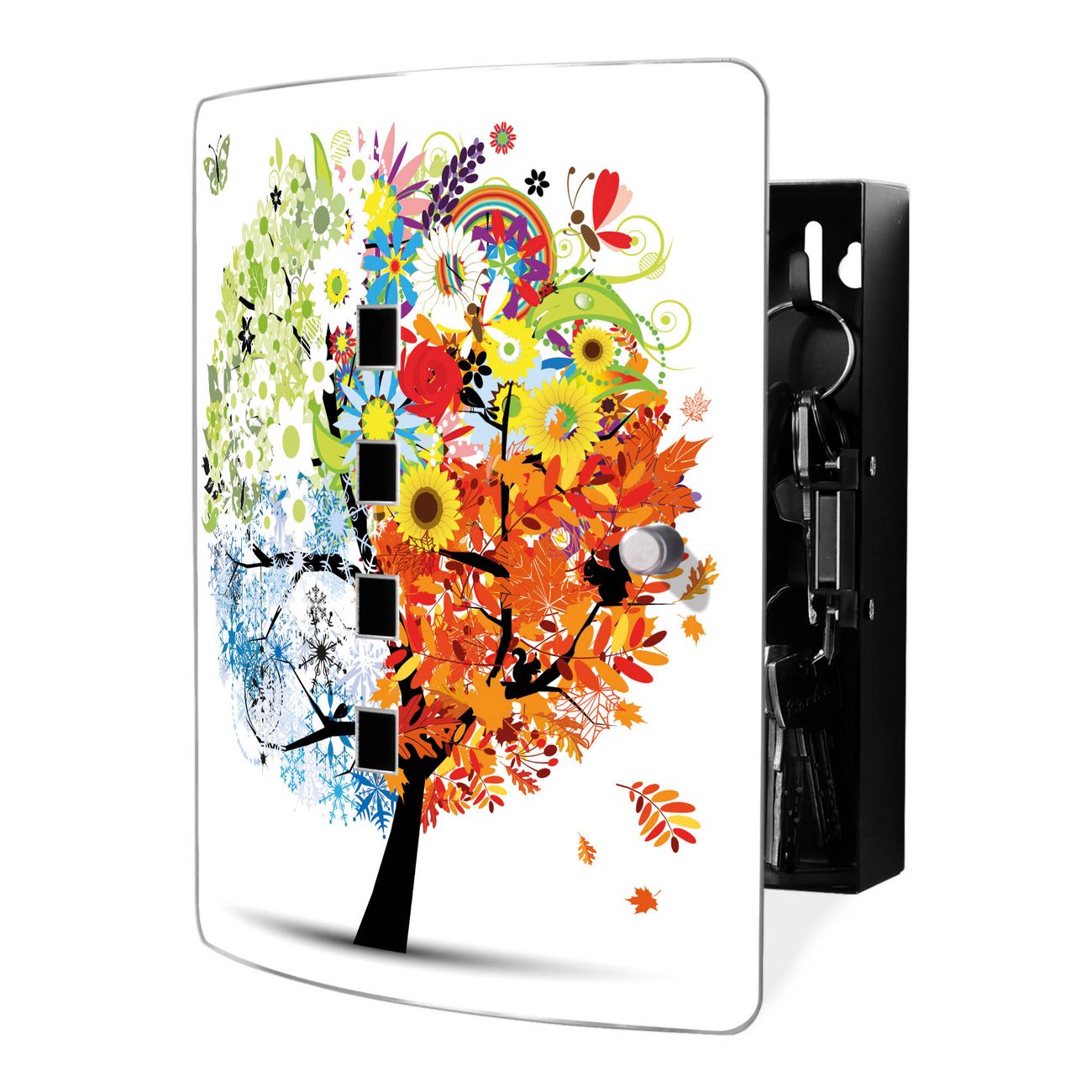 banjado Design Schlüsselkasten mit Edelstahl Tür und Motiv Baum Blumen Schlüsselschrank zur Schlüsselaufbewahrung groß mit Magnetverschluss Zierlöcher