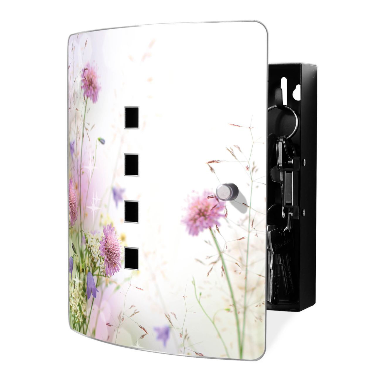 banjado Design Schlüsselkasten mit Edelstahl Tür und Motiv Wiese Blumen Schlüsselschrank zur Schlüsselaufbewahrung groß mit Magnetverschluss Zierlöcher