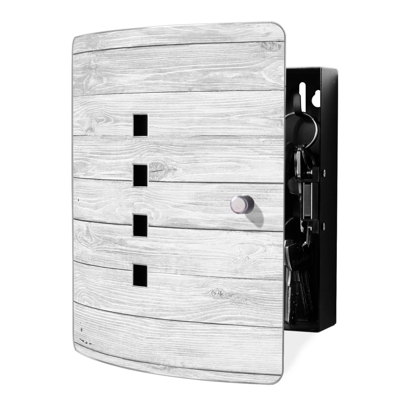 banjado Design Schlüsselkasten mit Edelstahl Tür und Motiv Weiß Gebeizt Schlüsselschrank zur Schlüsselaufbewahrung groß mit Magnetverschluss Zierlöcher